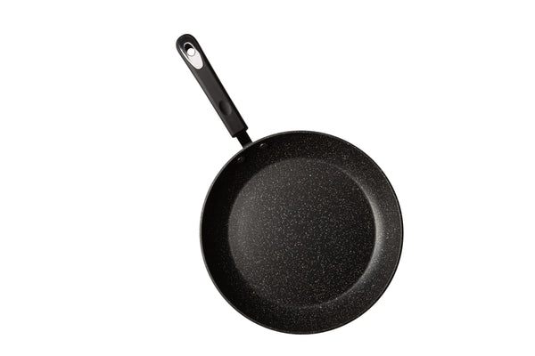 Black non-stick 12.5-inch frying pan with a long soft grip handle