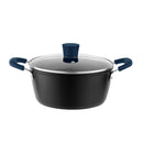 Black non-stick 9-quart pot with glass lid, black knob, and soft grip blue side handles