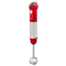 OVENTE cordless immersion hand blender in red with stainless steel blending shaft