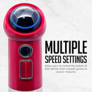 Close-up of red OVENTE hand blender control panel showing multiple speed settings