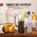Compact OVENTE cordless hand blender displayed on kitchen counter with fruits and smoothie jar