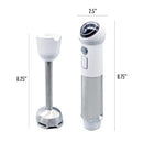 OVENTE cordless hand blender with measurements showing overall height and shaft length