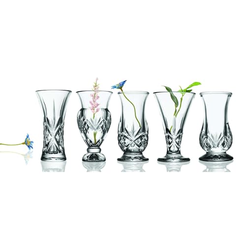 Set of five clear crystal bud vases from the Godinger Dublin Collection with delicate flowers inside each vase