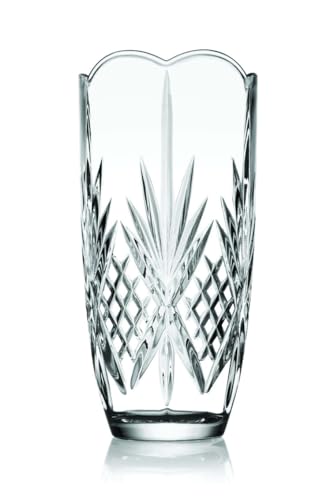 Clear crystal vase with scalloped rim and intricate cut-glass design from the Godinger Dublin Collection