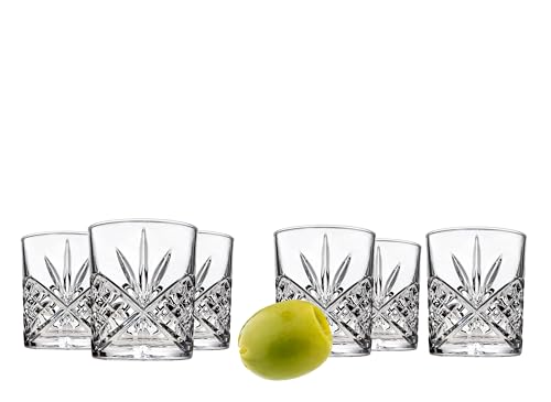Set of six crystal-style mini shot glasses from the Godinger Dublin Collection with lime for scale