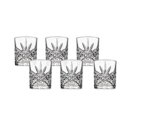 Six clear cut-glass mini shot glasses from the Godinger Dublin Collection on white background