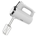 White Courant 5-speed hand mixer with chrome accent and single beater attached