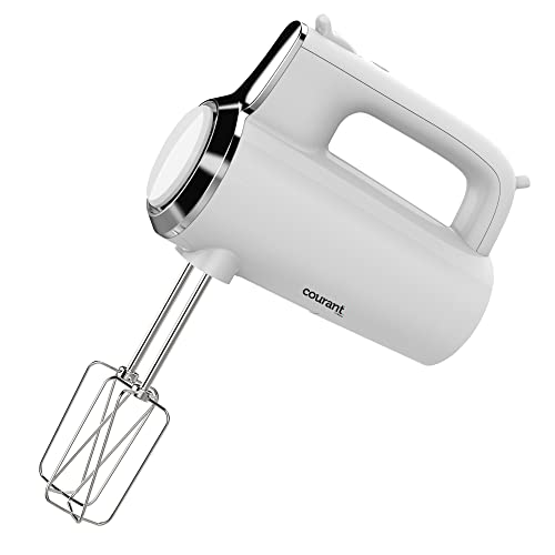 White Courant 5-speed hand mixer with chrome accent and single beater attached