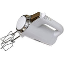 Top view of white hand mixer with chrome accent and beaters attached