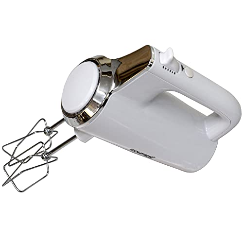 Top view of white hand mixer with chrome accent and beaters attached