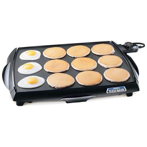 Large 19x15-inch Presto Tilt ’n Drain Big Cool Touch Electric Griddle cooking pancakes and eggs