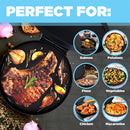 Courant Pizza Maker promotional image highlighting versatility (steak, potatoes, pizza, chicken, etc.).