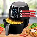 Air fryer open showing golden fries inside with cooking icons.