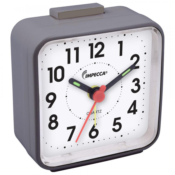 Grey Impecca ultra-compact travel alarm clock with white dial and bold black numbers.