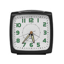 Metallic black bell alarm clock with white dial, green numbers, and luminous hands.