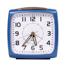 Metallic blue bell alarm clock with white dial, green numbers, and luminous hands.