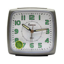 Metallic grey bell alarm clock with white dial, green numbers, and luminous hands.
