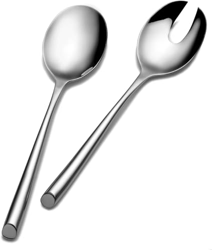 Stainless steel Towle Living Mea 2-piece salad serving set featuring a serving spoon and slotted spoon.