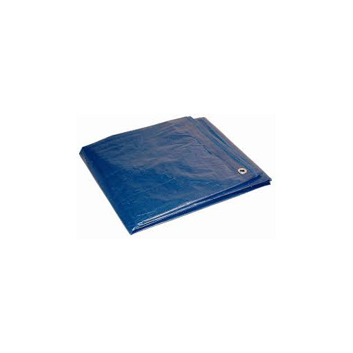 Folded blue 10x20 tarp with grommet visible.