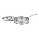 Stainless steel saute skillet with it's cover lying beside it on a white background