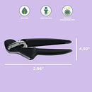 Garlic press with measurements and icons for eco-friendly, easy to use, and dishwasher safe.