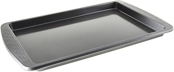 Medium Chicago Metallic Everyday non-stick baking sheet with textured handles, 15 x 10 inches, gray finish.