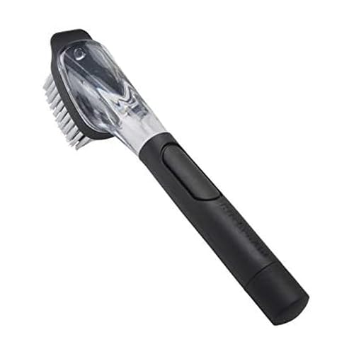 KitchenAid black soap dispensing sink brush with durable nylon bristles and ergonomic handle.