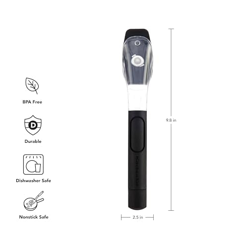 Product diagram showing dimensions and labeled features of the KitchenAid soap dispensing brush with icons for BPA-free and dishwasher-safe properties.