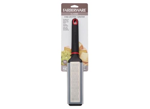 Farberware 6-inch zester in retail packaging with ergonomic black handle and red accent.