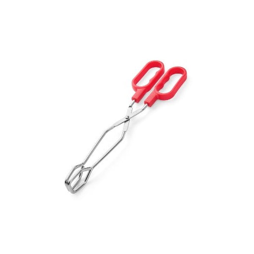 Farberware angled stainless steel tongs with red scissor-style handles for precision grip.