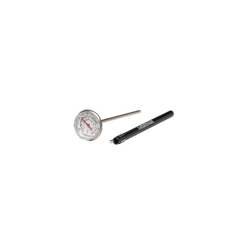 Farberware stainless steel instant read thermometer with protective sheath for quick and accurate temperature readings.