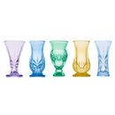 Set of five colorful crystal bud vases in purple, blue, green, yellow, and teal from the Godinger Dublin Collection