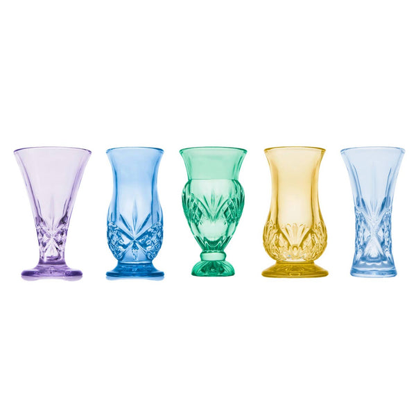 Set of five colorful crystal bud vases in purple, blue, green, yellow, and teal from the Godinger Dublin Collection