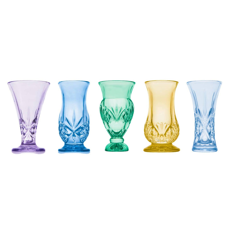 Set of five colorful crystal bud vases in purple, blue, green, yellow, and teal from the Godinger Dublin Collection
