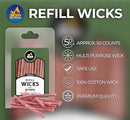 Infographic showing features of Ner Mitzvah refill wicks including 50-count, multi-purpose use, and premium quality.