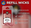 Infographic showing Ner Mitzvah refill wick features: 50-count, long-lasting, and high-performance burn.