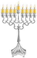 Silver-plated Ner Mitzvah oil menorah with nine glowing flames, 12-inch height.