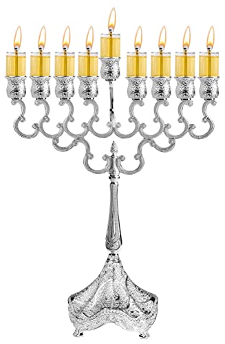 Silver-plated Ner Mitzvah oil menorah with nine glowing flames, 12-inch height.