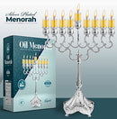 Product box and menorah display featuring the Ner Mitzvah Silver-Plated Oil Menorah.