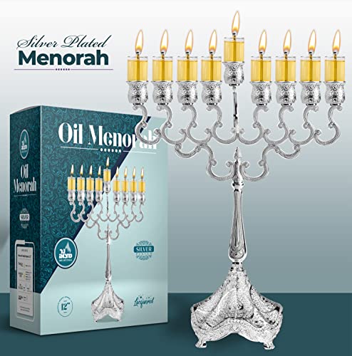 Product box and menorah display featuring the Ner Mitzvah Silver-Plated Oil Menorah.