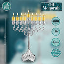 Ner Mitzvah silver menorah product infographic showing dimensions and features.