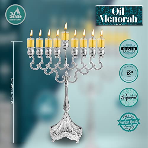 Ner Mitzvah silver menorah product infographic showing dimensions and features.