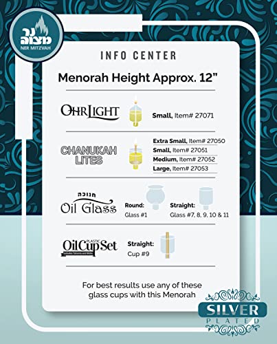 Chart showing compatible glass cup sizes for Ner Mitzvah oil menorahs.