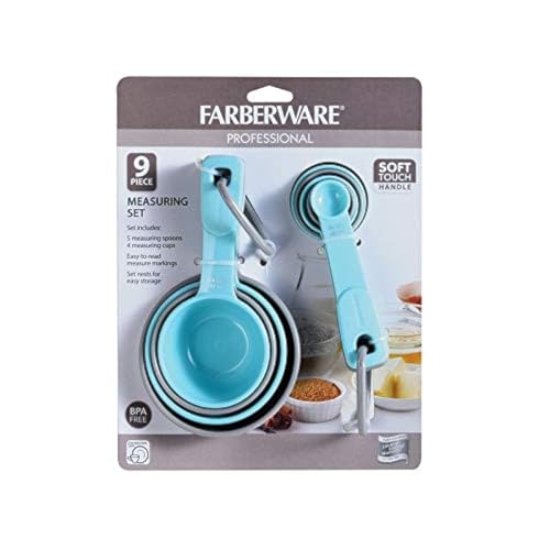 Farberware 12-piece measuring cups and spoons set in aqua and gray packaging.