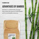 Close-up of Farberware bamboo boards beside green bamboo stalks.