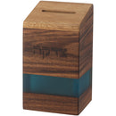 Wooden Tzedaka box with a blue epoxy accent band, featuring Hebrew engraving and a smooth rectangular design.