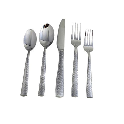 Elegant 20-piece stainless steel flatware set with a modern hammered finish, including knives, forks, and spoons.