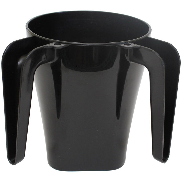 Glossy black plastic Negel Vasser wash cup featuring dual handles and a modern, flared design.