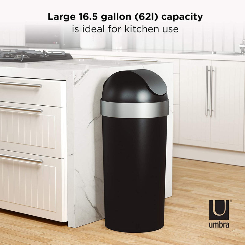 Umbra Venti 16-Gallon Swing Top Kitchen Trash Can Large, 35-inch Tall Garbage Can for Indoor, Outdoor, Black/Nickel