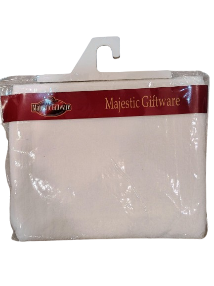 Front view of Majestic Giftware white blank towel in retail packaging with red header and hanging hook.